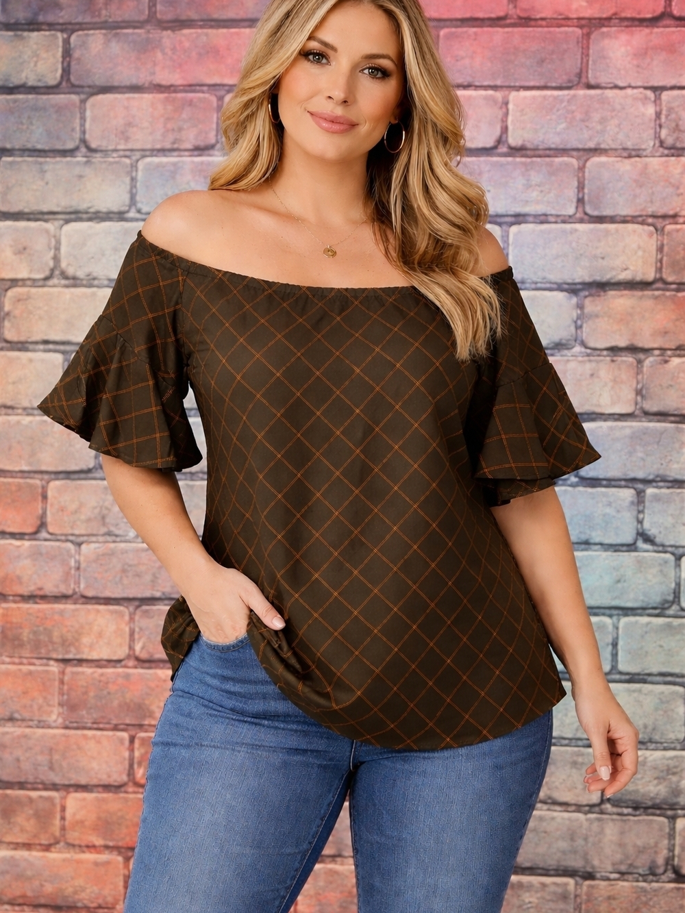 Women's Off-Shoulder Brown Plaid Blouse with Flutter Sleeves